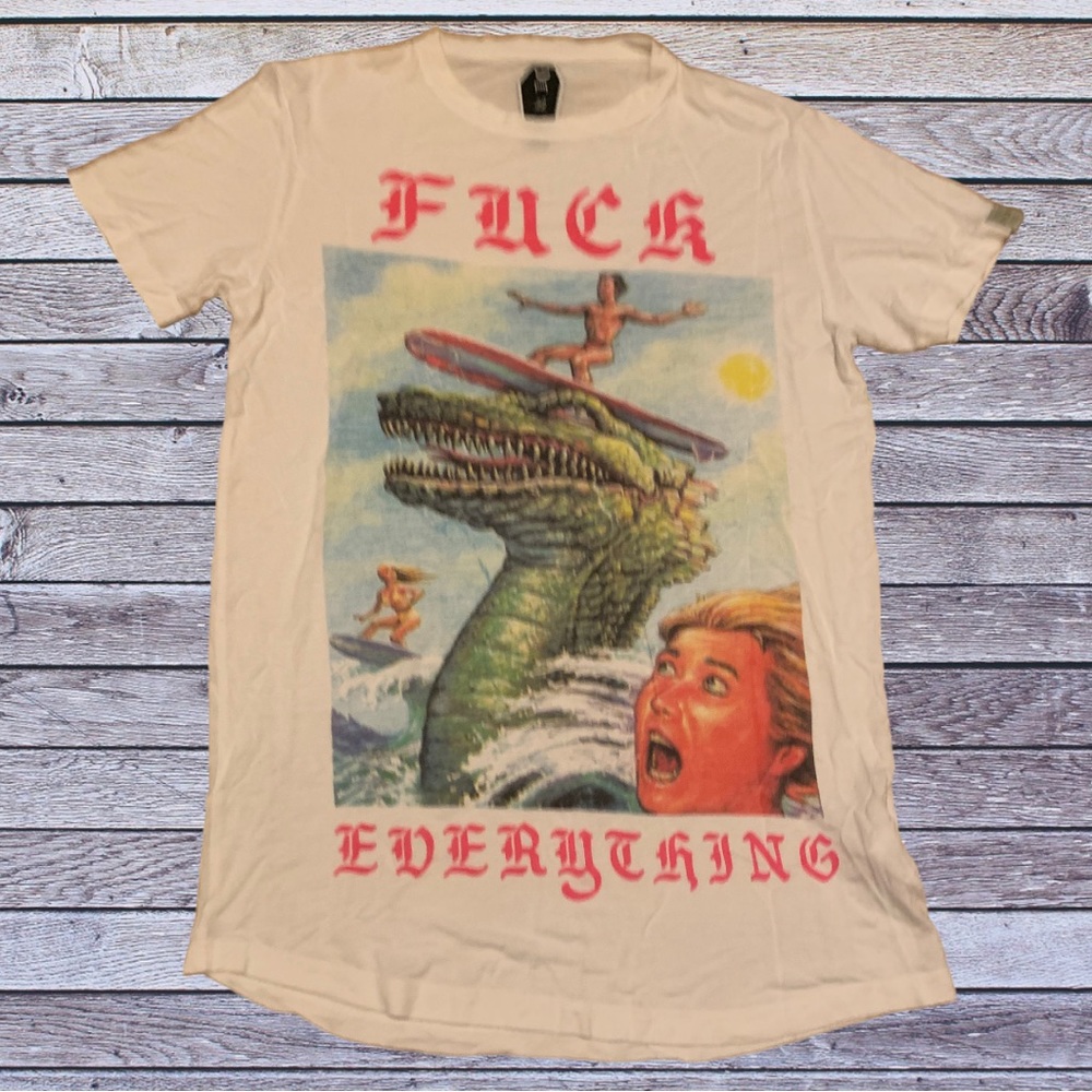 Hot Topic White Graphic Tee with Multicolor Surfing Monster Print